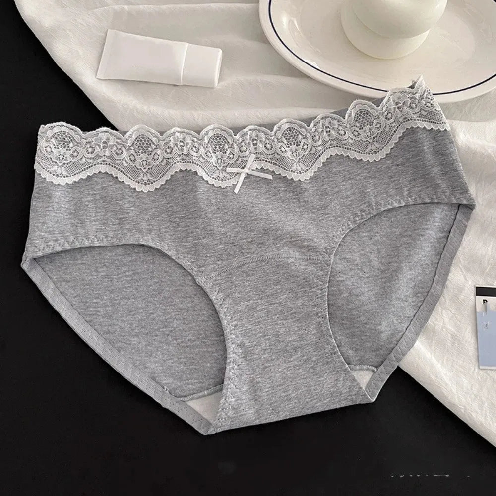 Lingerie Bow Lace Cotton Panties Transparent Seamless Underwear for Women Mid Waist Soft Floral Lace Briefs Spring Summer