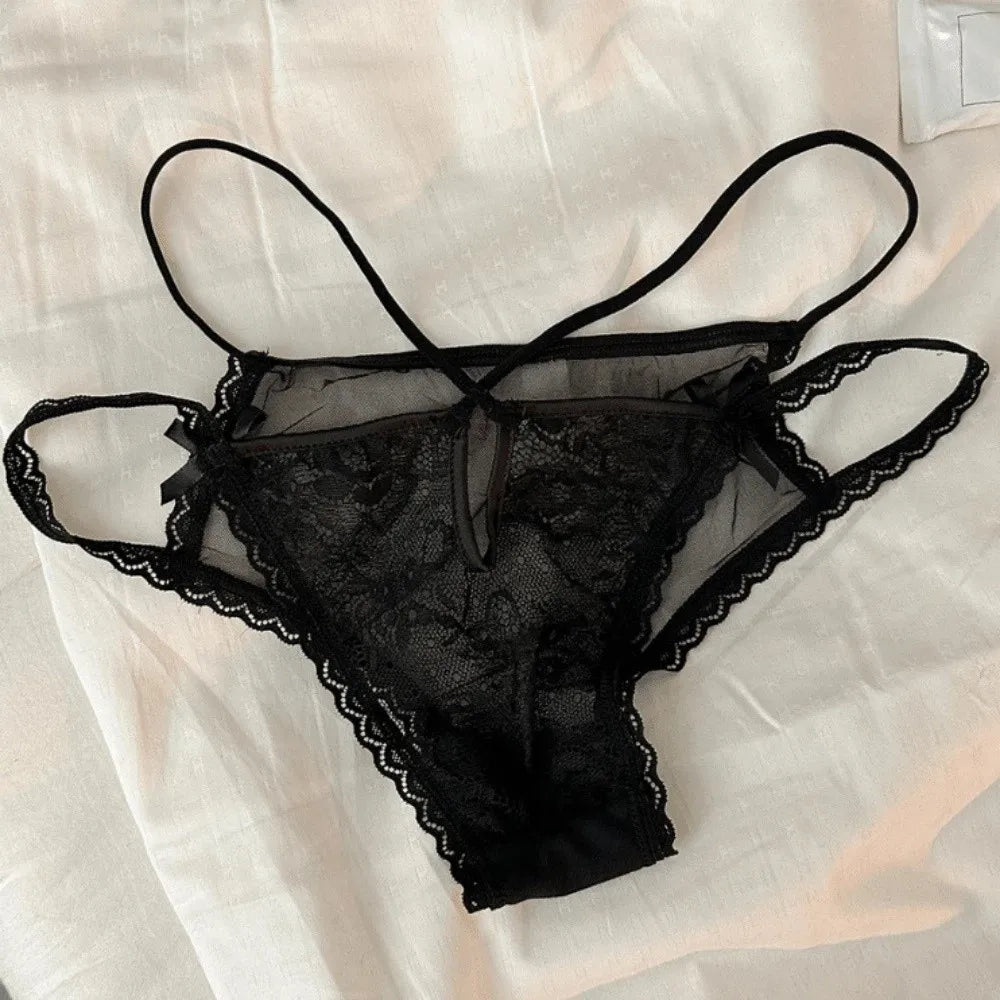 Lingerie Bow Lace Flower Panties Low Waist Hollow French Style Briefs Transparent Thin Strap Women Underwear Girl