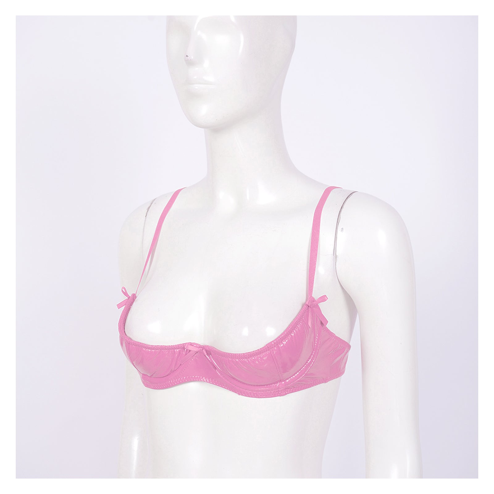 Women Wet Look 1/4 Cup Bra Underwired Push Up Bralette Lingerie Glossy Patent Leather PVC Balconette Open Breast Cup Bra Top