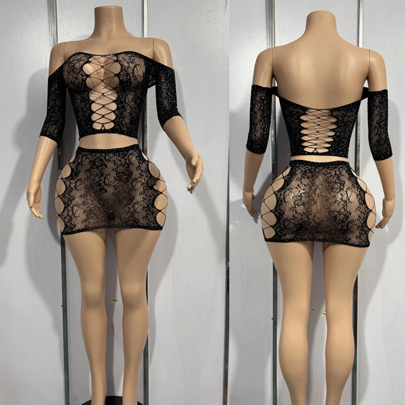 Lingerie Set for Women Lace Transparent Bodystockings Sexy Costumes Crotchless Sleepwear Female Sex  Babydoll Dress