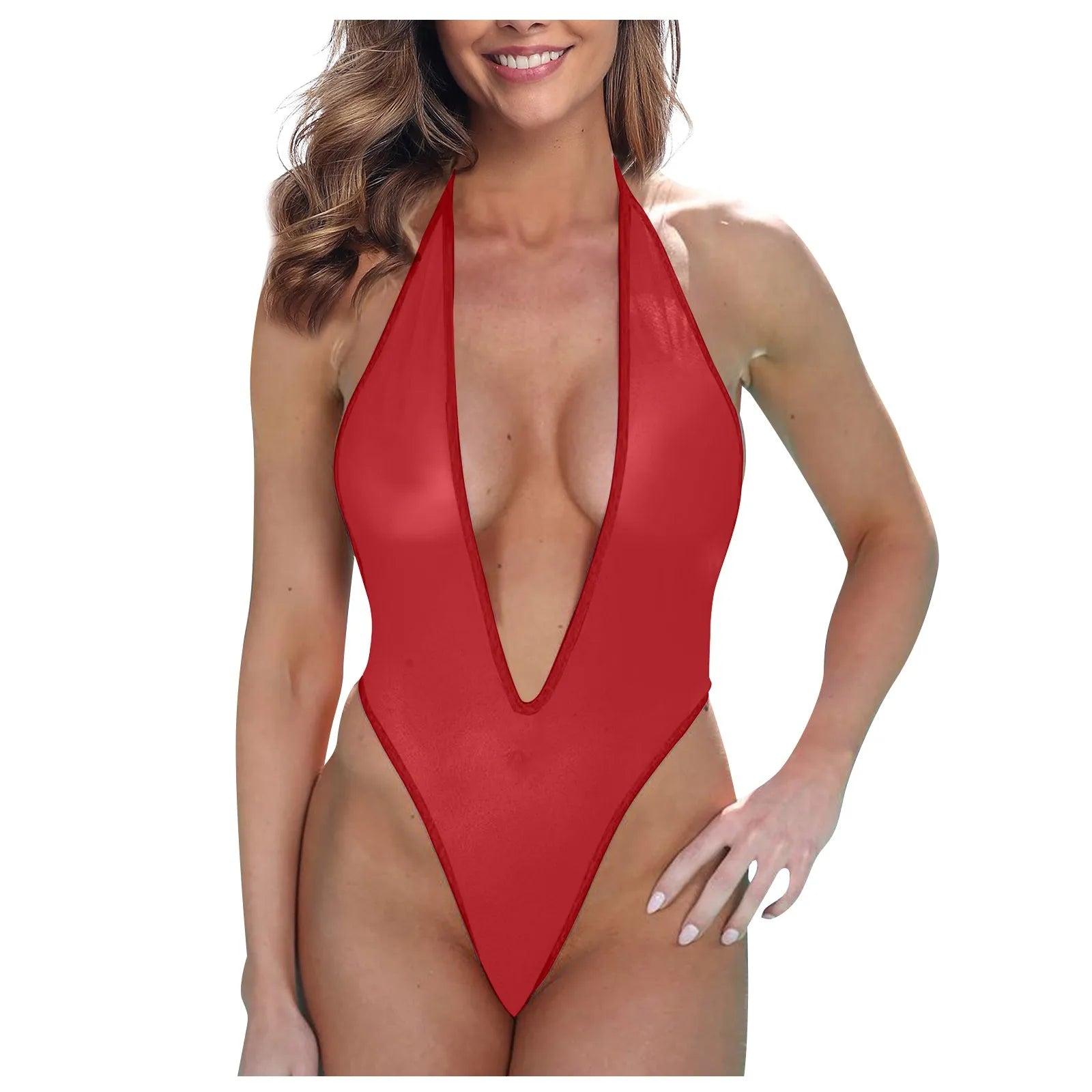 Ladies Sexy Erotic Lingerie Bodysuits Three Point Type Halter Neck Tight Bodysuits High Waist Transparent Mesh Lingerie Teddies