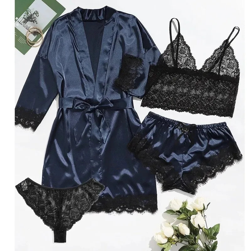 4PCS Satin Pajama Set with Robe - Lace Trim Cami Top & Shorts, The Viral Must-Have Elegant Loungewear for Women's Sleepwear