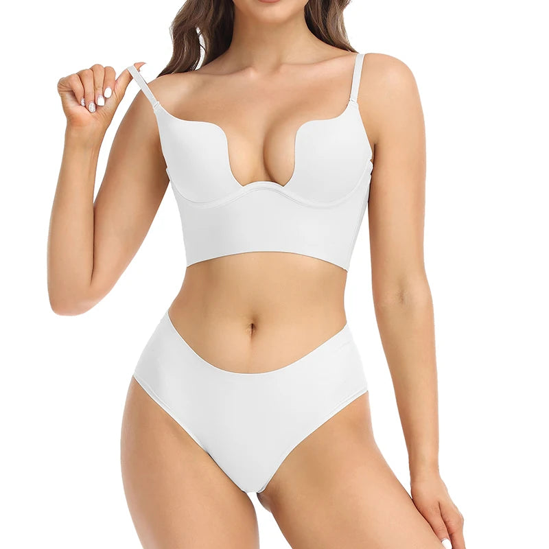 Womens Low Back Bra Wire Lifting Deep U Shaped Plunge Backless Bra with Multiway Convertible Clear Straps Body Shaper Lingeres