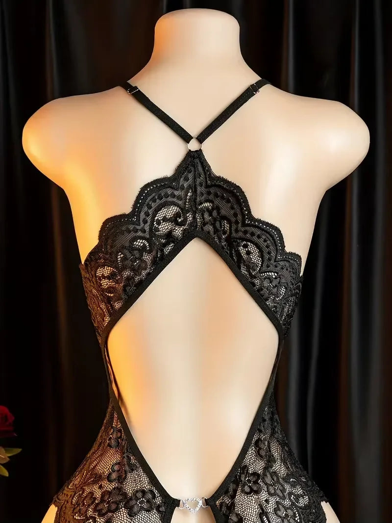 Sexy Lingerie For Women Deep V Crotchless Babydoll Dress Lace Bow Knot Open Bra Bodysuit Erotic Costumes Female Porno Underwear