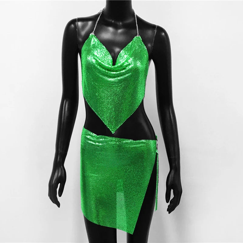 Sexy Metal Sequins 2 Piece Set Women Sleeveless Deep V Neck Backless Halter Tank Tops Split Mini Skirts Beach Party Outfits