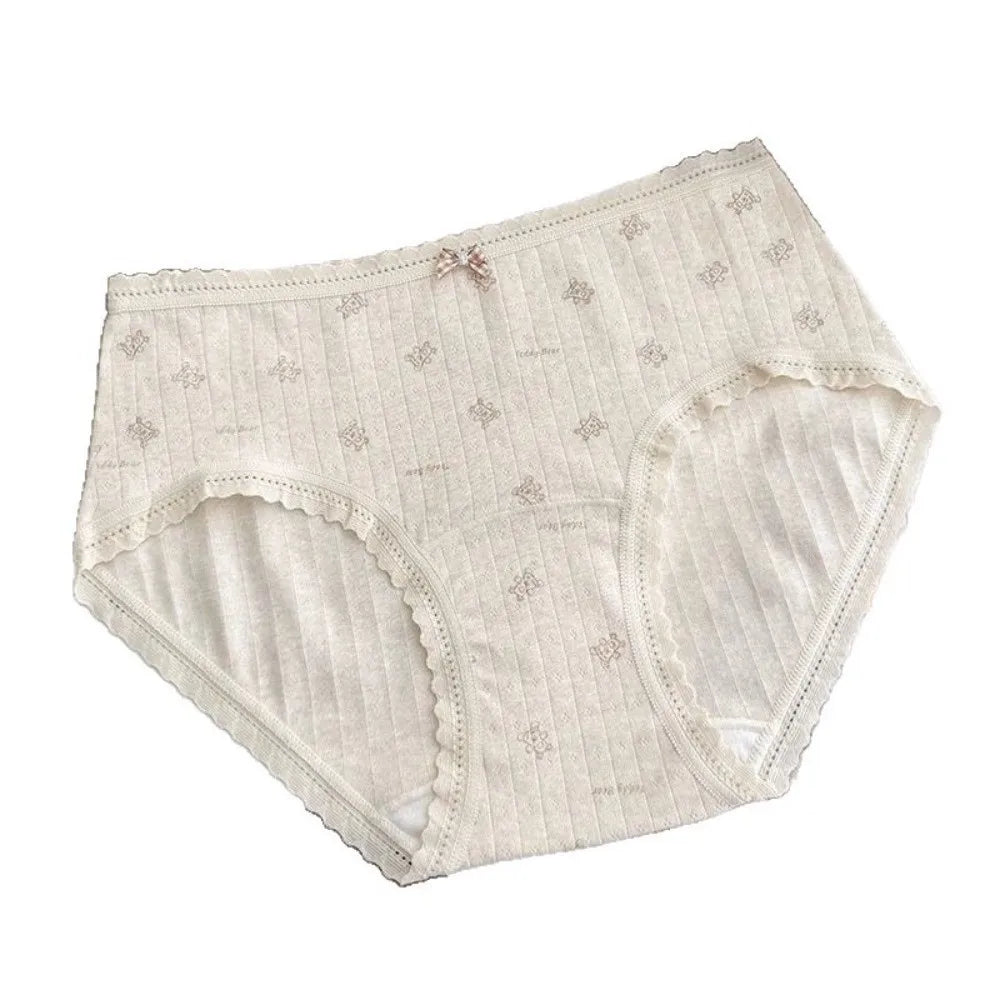 Lingerie Mid-waist Underwear for Women Bear Grid Sweet Floral Panties Underpants Bow Cotton Briefs Lady