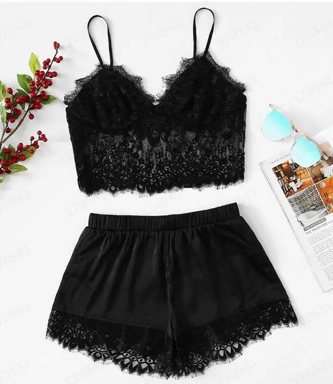 Mengya Women Lace Satin Two Piece Lingerie Set Spaghetti Strap Camisole Silky Lace Trim Shorts Nightwear European American Style