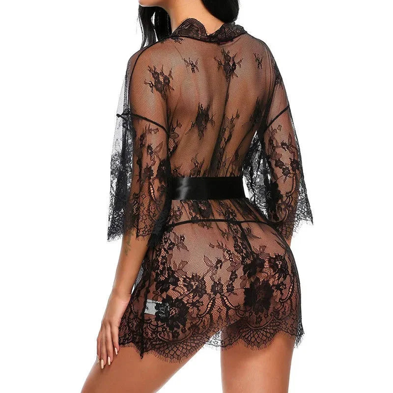 Women Sexy Lingerie Erotic Transparent V-Neck Lace Babydoll Nightwear Robe G-string Costume Kimono Sleepwear Dress