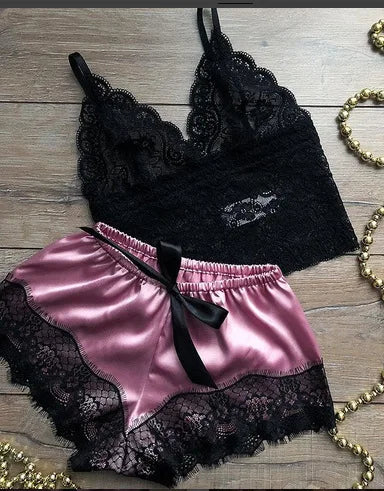 Mengya Women Lace Satin Two Piece Lingerie Set Spaghetti Strap Camisole Silky Lace Trim Shorts Nightwear European American Style