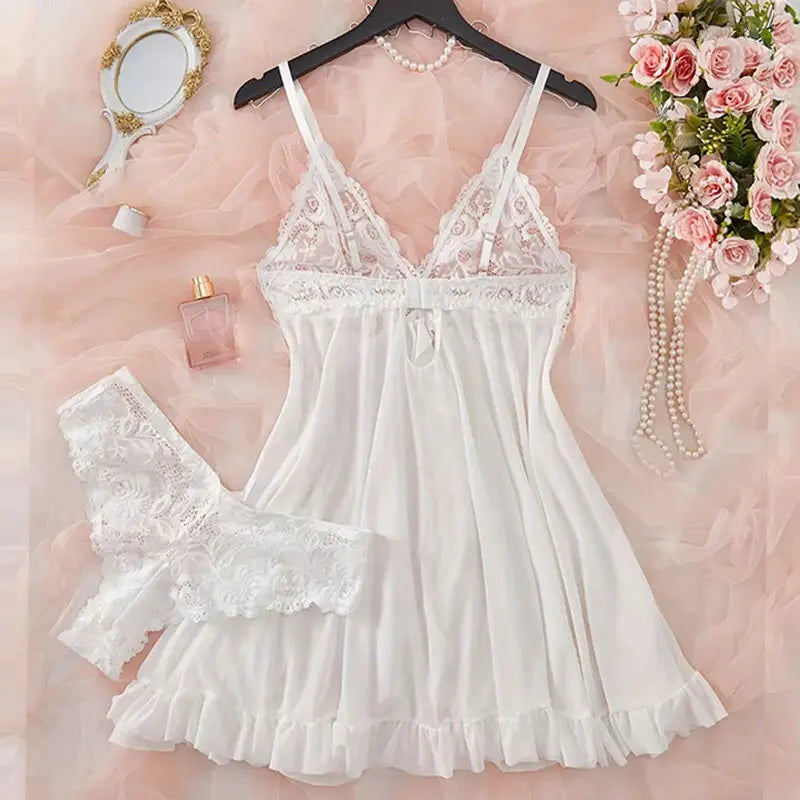 Women's Sexy Lingerie Dress Thin Style G-string Contrast Lace Ruffle Trim Lingerie Set Deep V Slip Thong Lencería Mujeres
