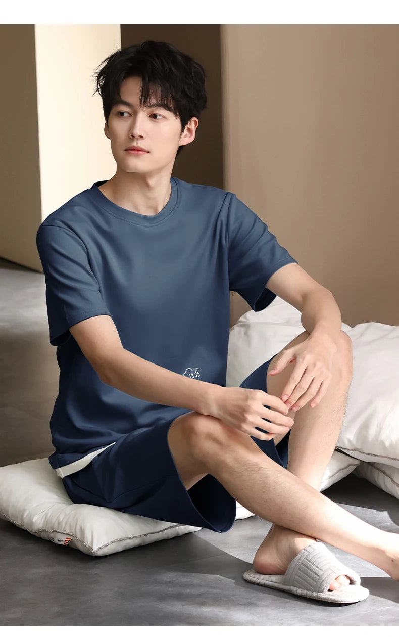 Pyjamas Male Full Pure Cotton Fashion Men Short Sleeve Short Pants Pajamas Set 2 Piece/set Summer Pijama Hombre Home Lounge Gift