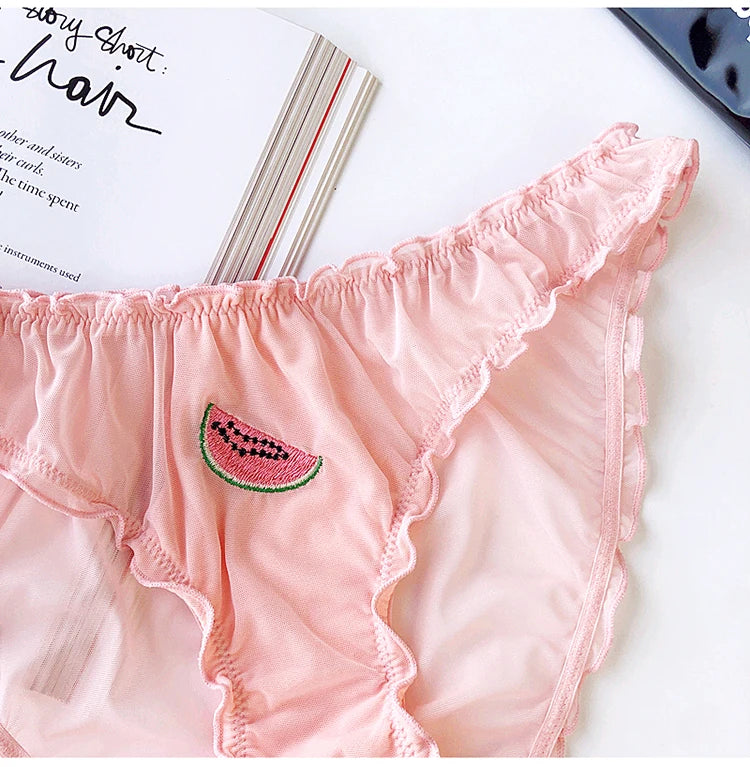 Women Sexy Lace Lingerie Temptation Low-waist Panties Fruit Ins Embroidery Transparent Briefs Seamless Sweet Underwear