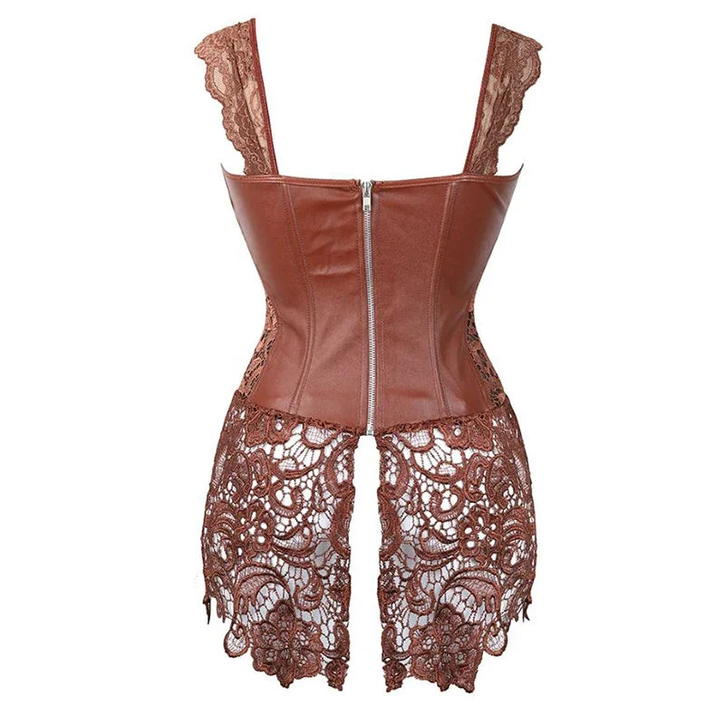 Women's Sexy Burlesque Lingerie Gothic Faux Leather Steampunk Corset Black Lace Bustier Overbust Corsage Korsett Corsets Top