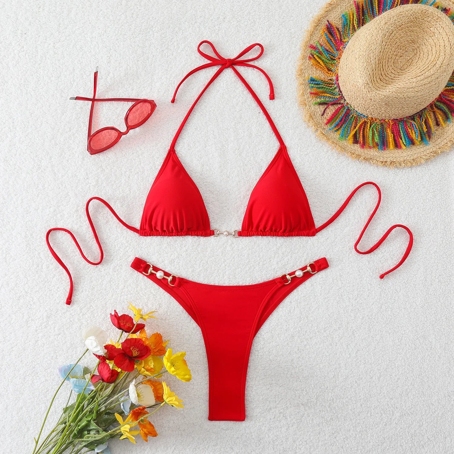 New Two-Piece Bikini Set Sexy Triangle Tie-Up Swimsuit Beach Vacation Swimwear Summer Trendy Top Bottom Beachwear Resort Outfit