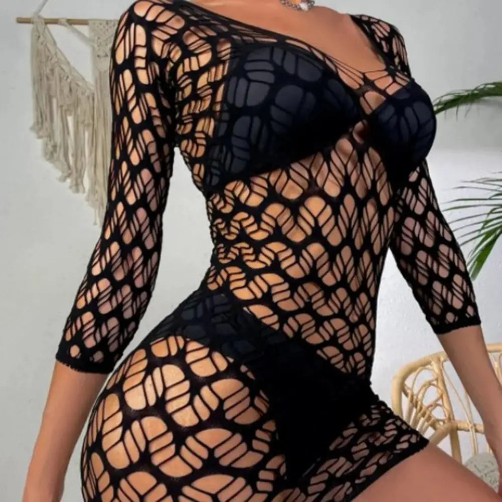 Women Swim Cover-up Swimsuit Cover Up Sexy Hollow Out Beach Cover-up Dress for Women Slim Fit V Neck Backless Bikini Mini Dress