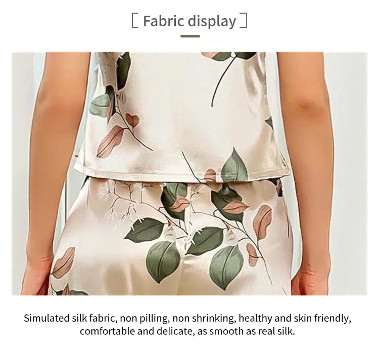 2026 Women's Elegant Leaf Print Satin Pajama Set V Neck Cami Top and Elastic Pants for Comfortable Sleep and Lounging Sleepwear