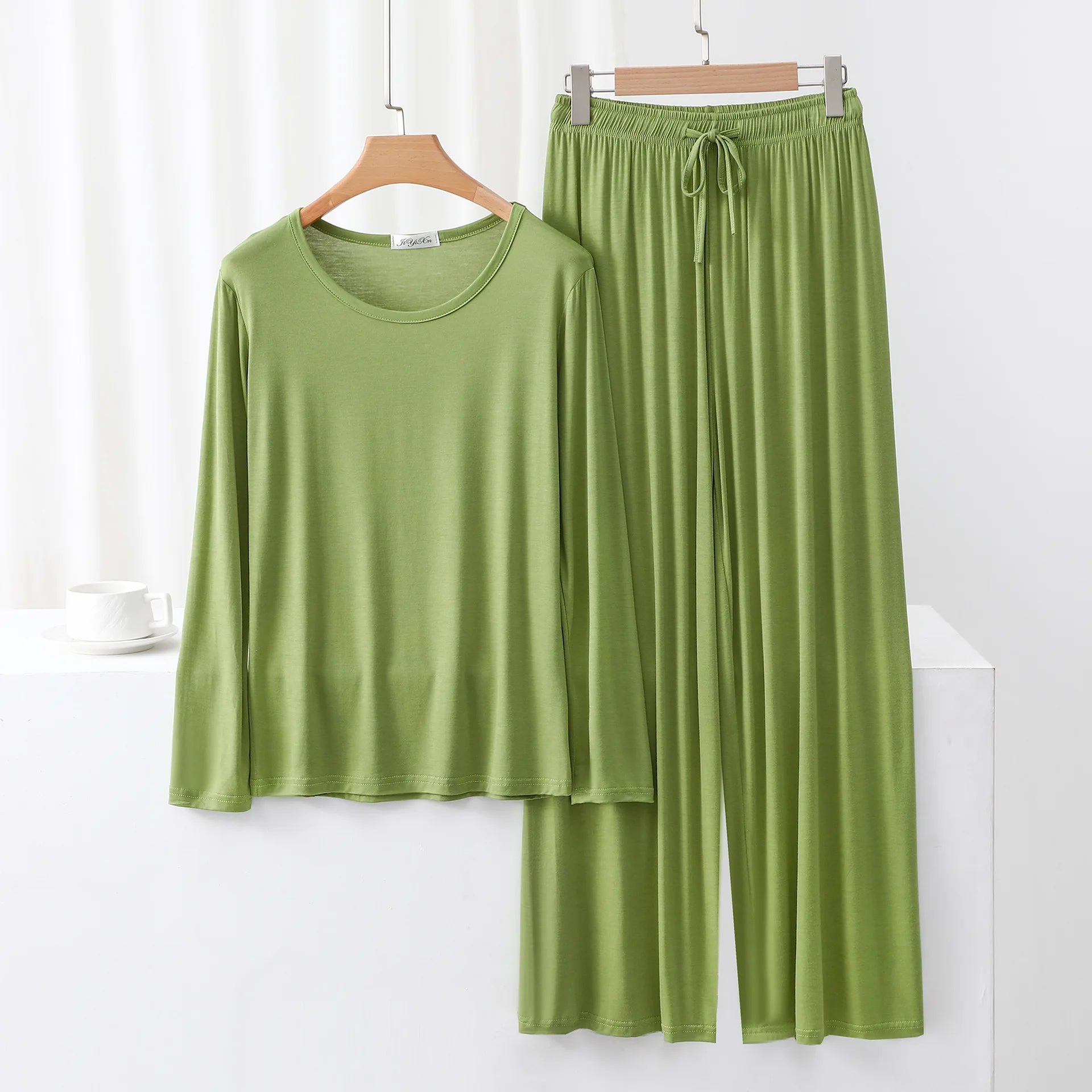 Modal Pajama Sets 2 Piece O-Neck Long sleeved Tshirt and Wide Leg Pant Ankle Length Loose sleepwear set Comfort homewear suits