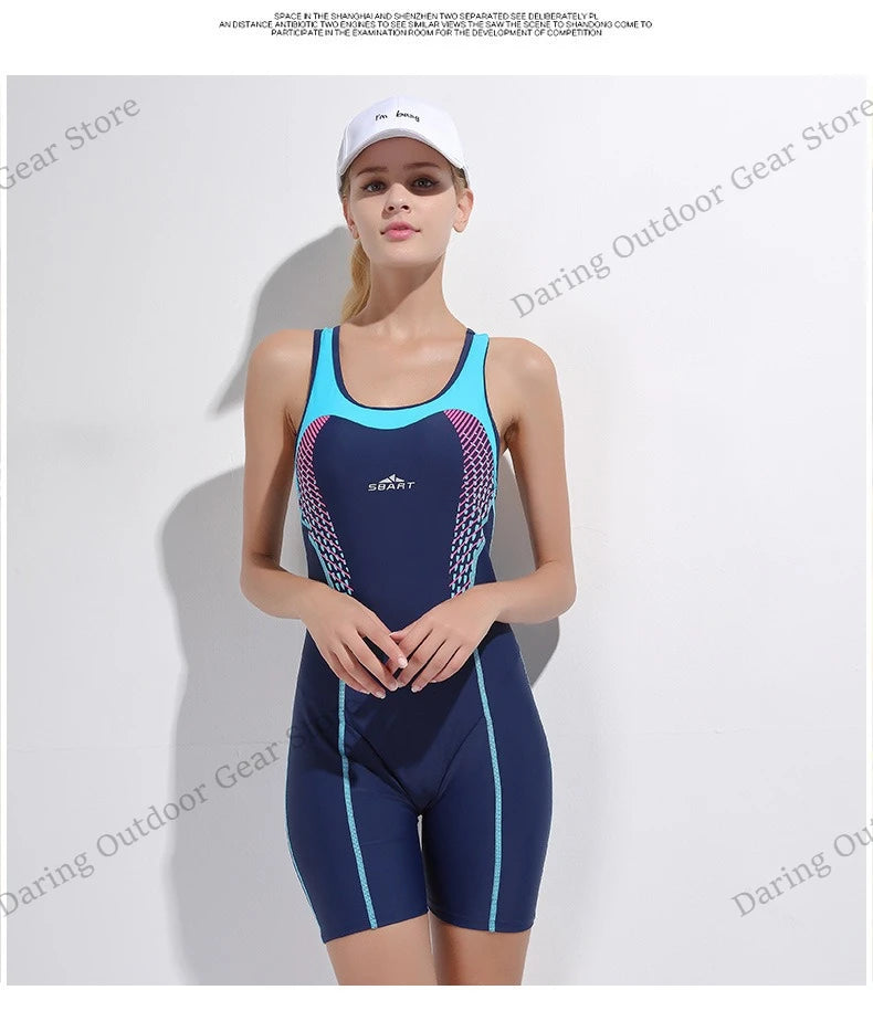Women's One-Piece Racing Swimsuit, Athletic Quick-Dry Sleeveless Swimsuit with Shorts for Hot Spring & Diving