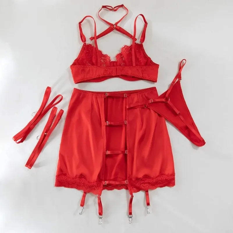4 Pieces Sexy Lingerie Sets Women Hot Halter Lace Bra and Panty Garters Mini Skirt Set Sissy Erotic Costumes Romantic Underwear