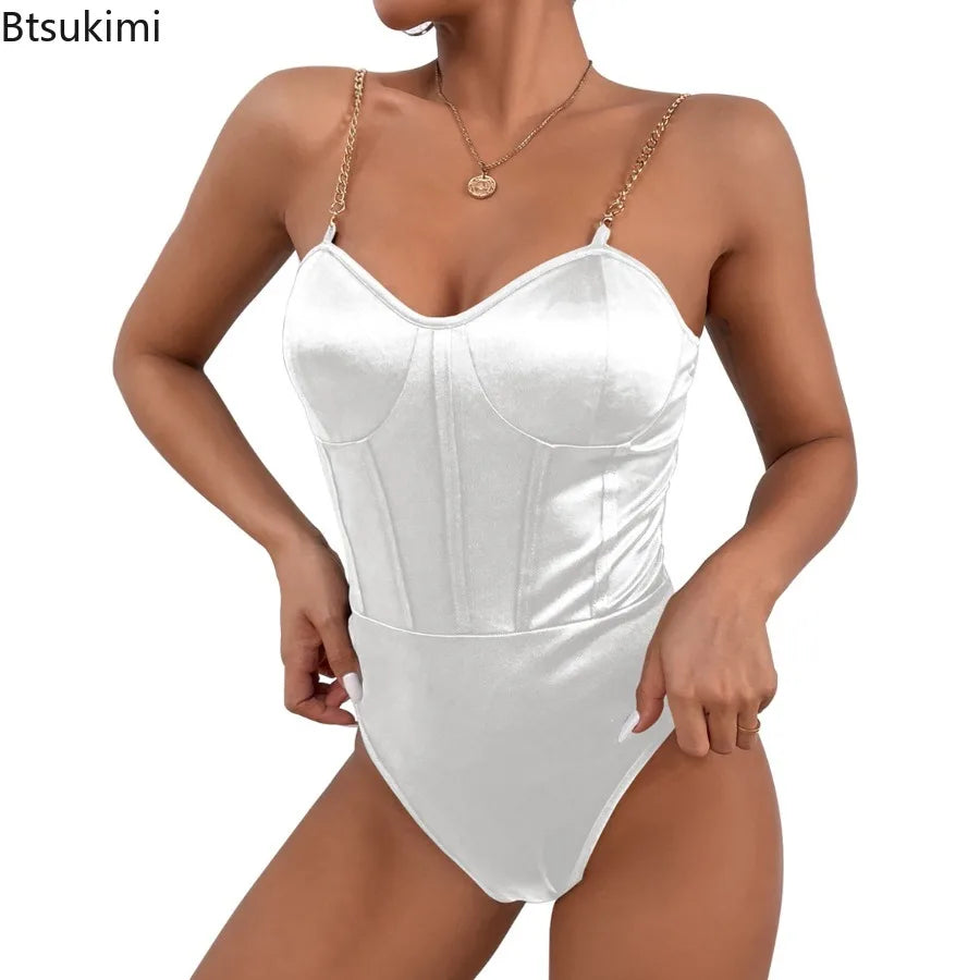 2026 Bodysuit Female Short Jumpsuit Lingerie Black White Elegant Coquette Chic Sexy Fashion Chain Backless Camisoles One-pieces