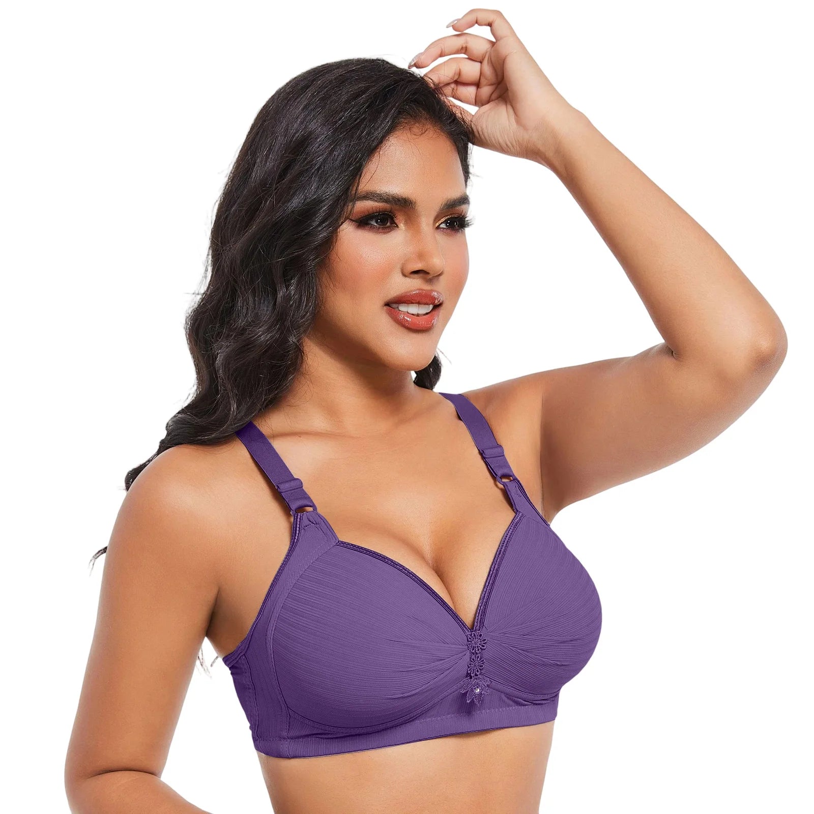 Elegant Skin Tone Textured Bra Chic Wireless Full Coverage Underwear Stylish Push Up Rhinestone Detail Lingerie Women