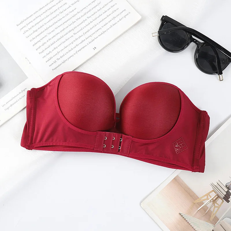 Strapless Non Slip Invisible Bra for Women Front Closure Adjustable Push Up Bra Bralette with Breathable Gather Backless Bra