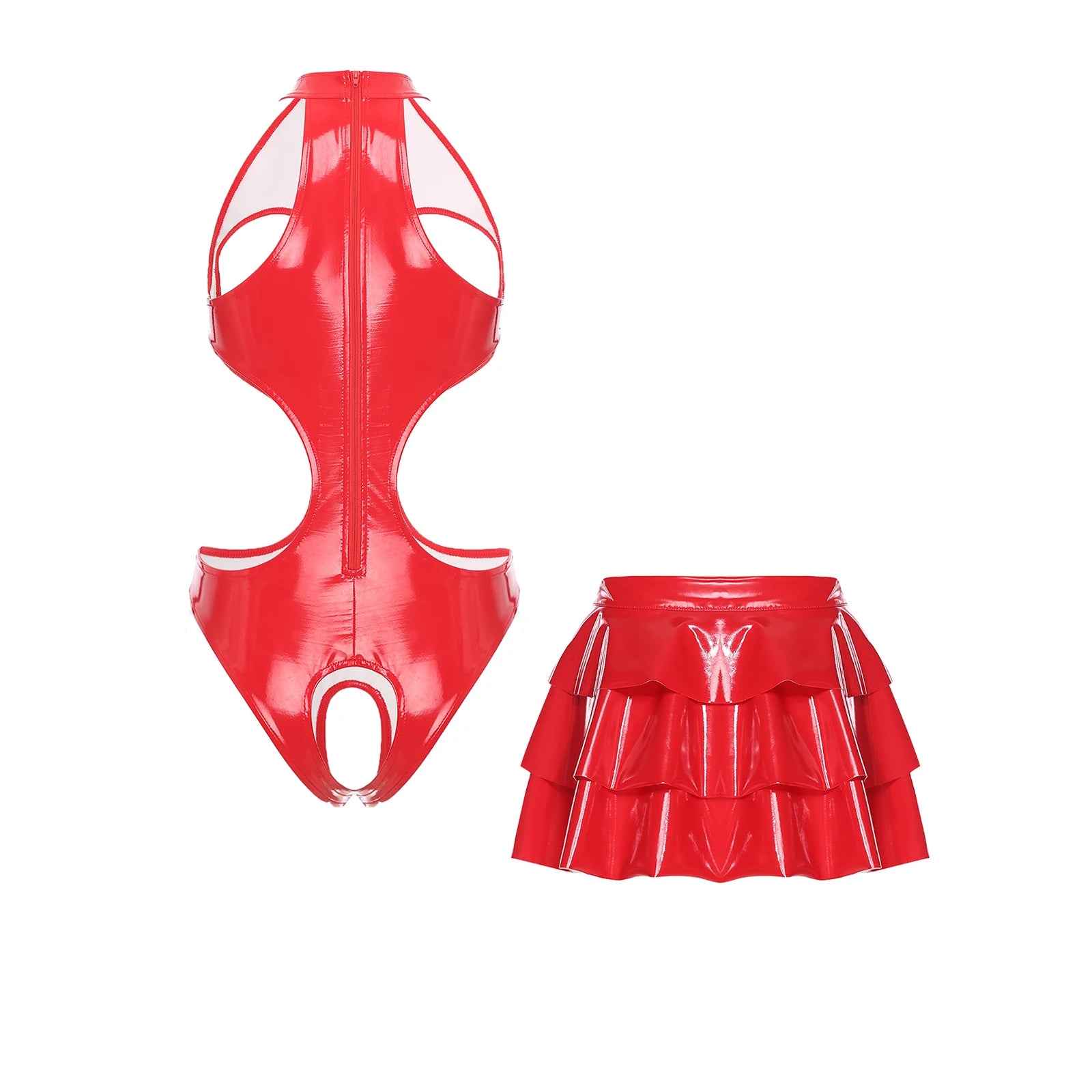Womens Lingerie Set Bare Breast Open Crotch Bodysuit Ruffled Hem A-line Miniskirt with Wet Look Clubwear Pu Leather Rave Outfits
