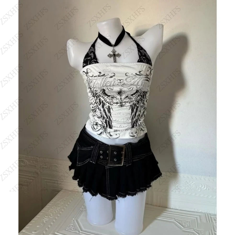Sexy Lace Y2k Halter Tops Women Clothing Gothic Punk Girl Summer Sling Body Tees Grunge Slim Corset Harajuku Kpop Crop Top Emo