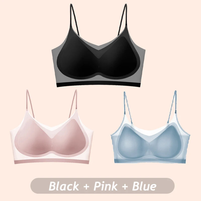 3PCS Ultra-Thin Breathable Ice Silk Bras Women's Seamless Back Halter Vest Wrap Bras Chest Gather Together Light Breathable Tops
