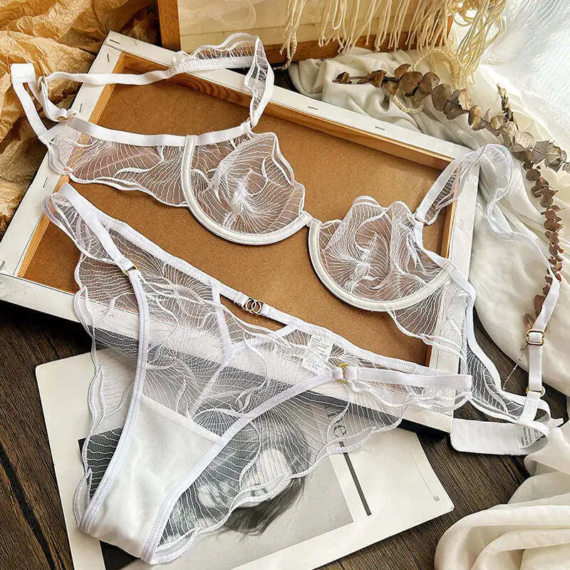 Erotic Lingerie Sets Sheer Transparent Lace Bras for Women Sexy Embroidery Push Up Bra and Thong Matching Set  Underwear Women