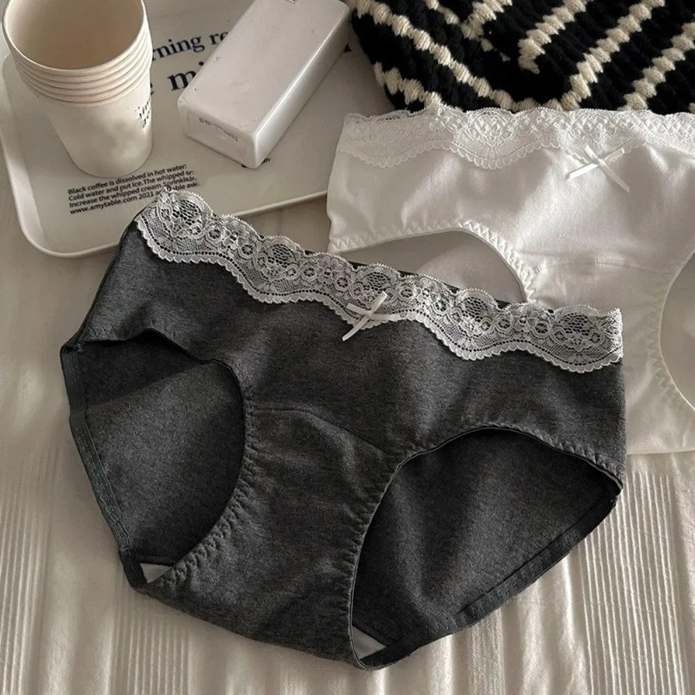 Lingerie Bow Lace Cotton Panties Transparent Seamless Underwear for Women Mid Waist Soft Floral Lace Briefs Spring Summer
