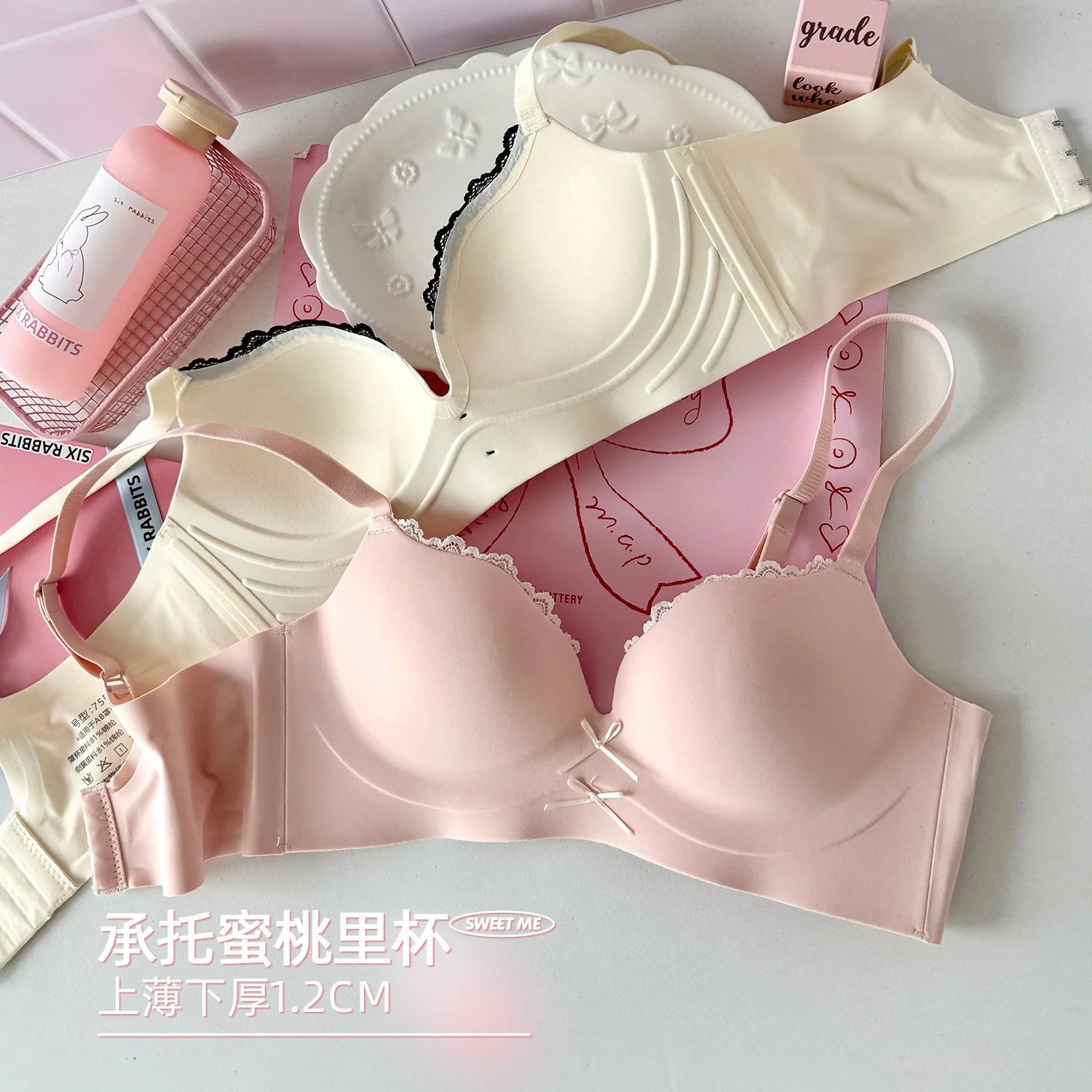 Lace-trimmed Sexy Bra, Full Cup, Bow Support, Side-reclining, High-elastic Undergarment Without Underwire