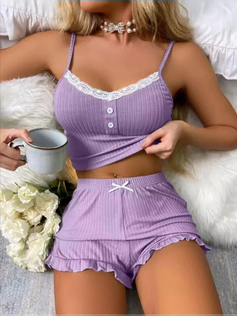 New women's summer sleepwear two-piece set with lace lace camisole shorts sexy and comfortable sleepwear home suit set Y2K