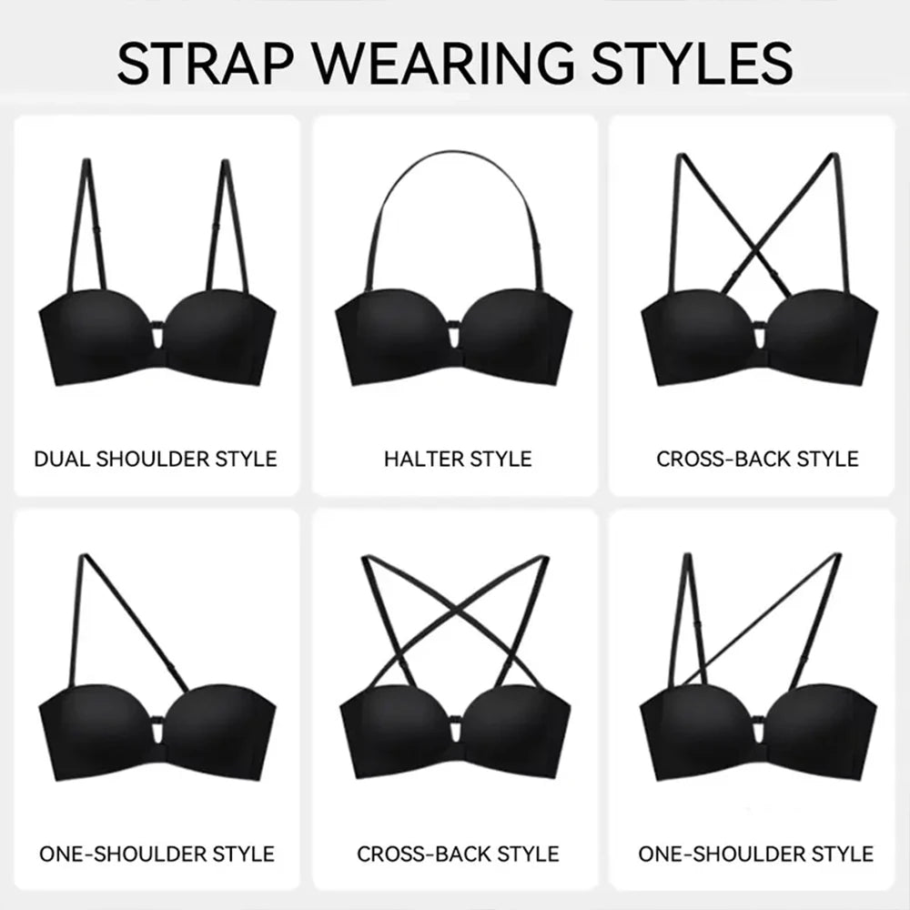 Strapless Front Closure Bra Padded Push Up Lift Bra Non Slip Grip Wireless Supportive Seamless Tube Jelly Bra Add Cup Underwear