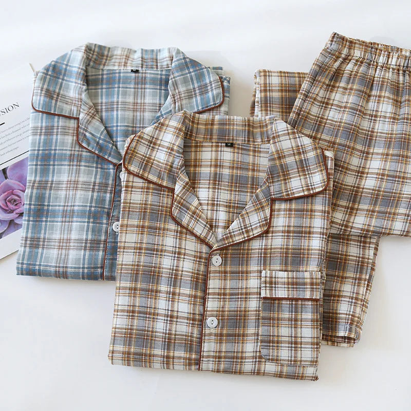 2026 Japanese New Men's Pajama Set Spring/Summer Checkered Simple Long sleeved Two Piece Set 100%Cotton Cardigan Home Furnishing