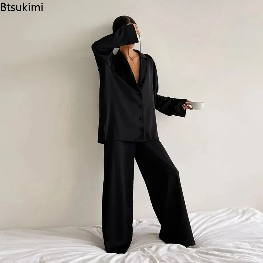 2026 Sexy Low Cut Pajama Sets for Women Loose Casual Long Sleeve Trouser Home Wear 2pcs Sets Solid Satin Silk Female Pijama Suit