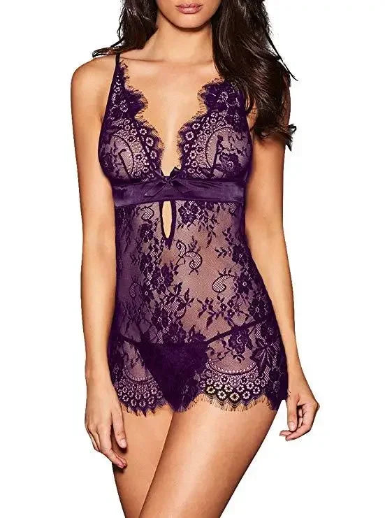 Lace Sexy Babydoll Lingerie Female Dress Backless See Through Nightdress Chemises Women Sleepwear Erotic Underwear