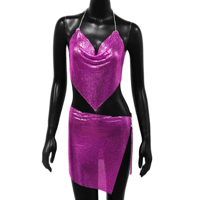 Sexy Metal Sequins 2 Piece Set Women Sleeveless Deep V Neck Backless Halter Tank Tops Split Mini Skirts Beach Party Outfits
