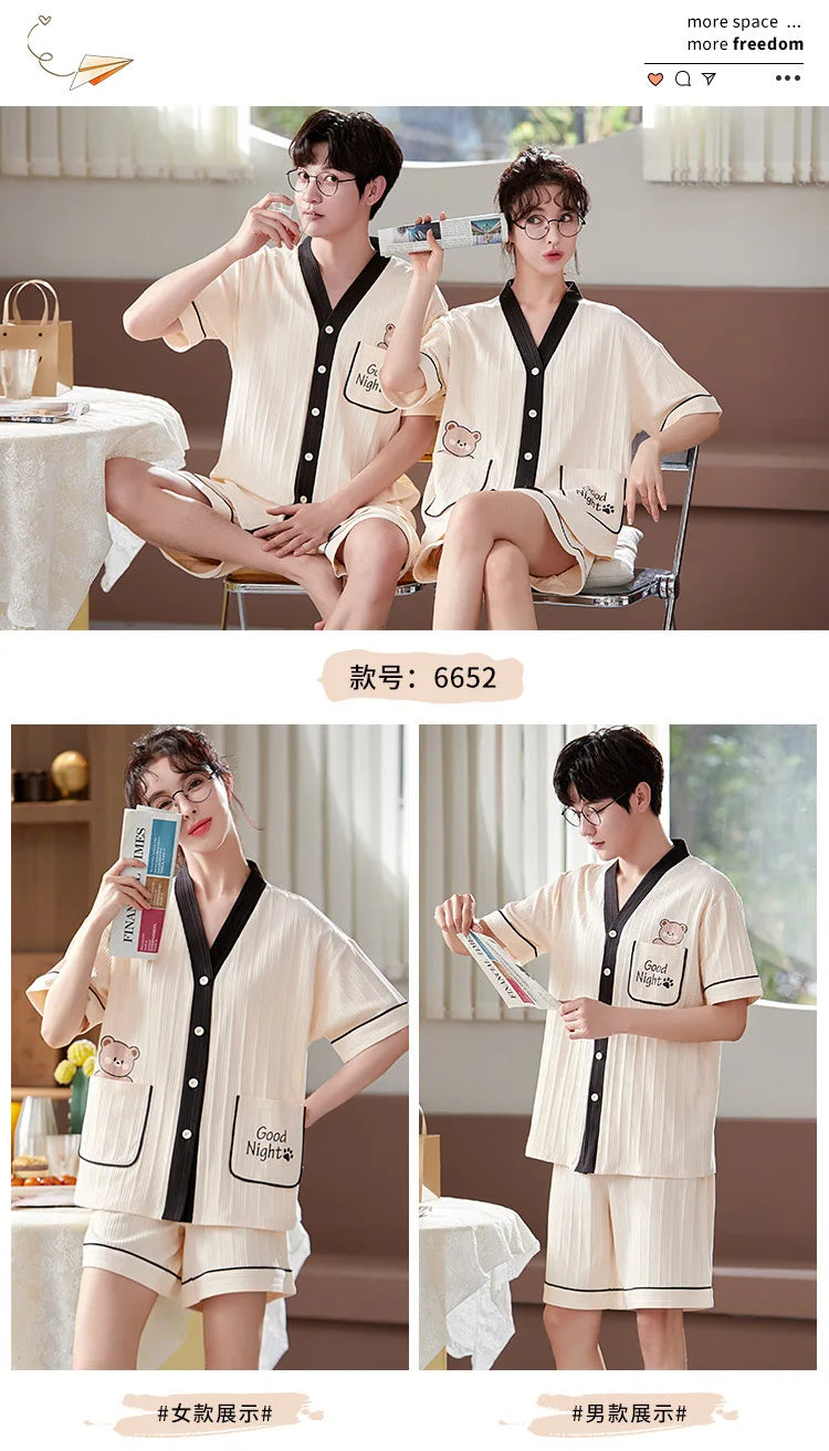 Summer Couple Pajamas Sets Cartoon Men Sleepwear Leisure Cotton Short Sleeve Women Kimono Homewear pijama Homme Mujer Dropship