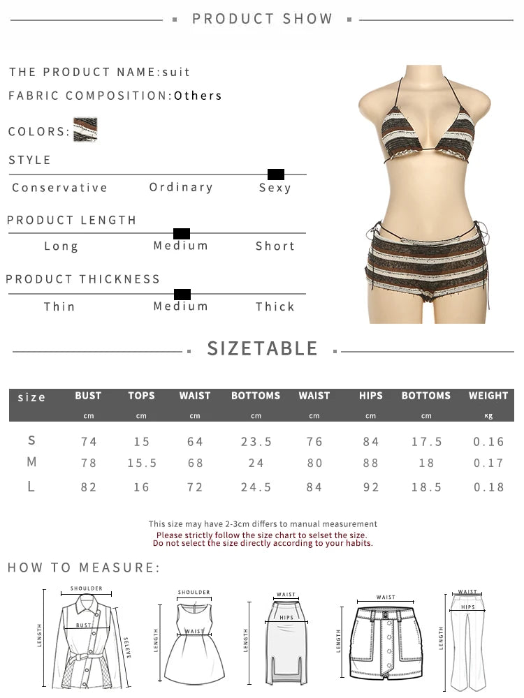 kliou Stripe Bandage 3 Piece Set Women Summer Swim Outfits Halter Cleavage V-neck Bikini Tops+Underwears+Pleated Skinny Shorts