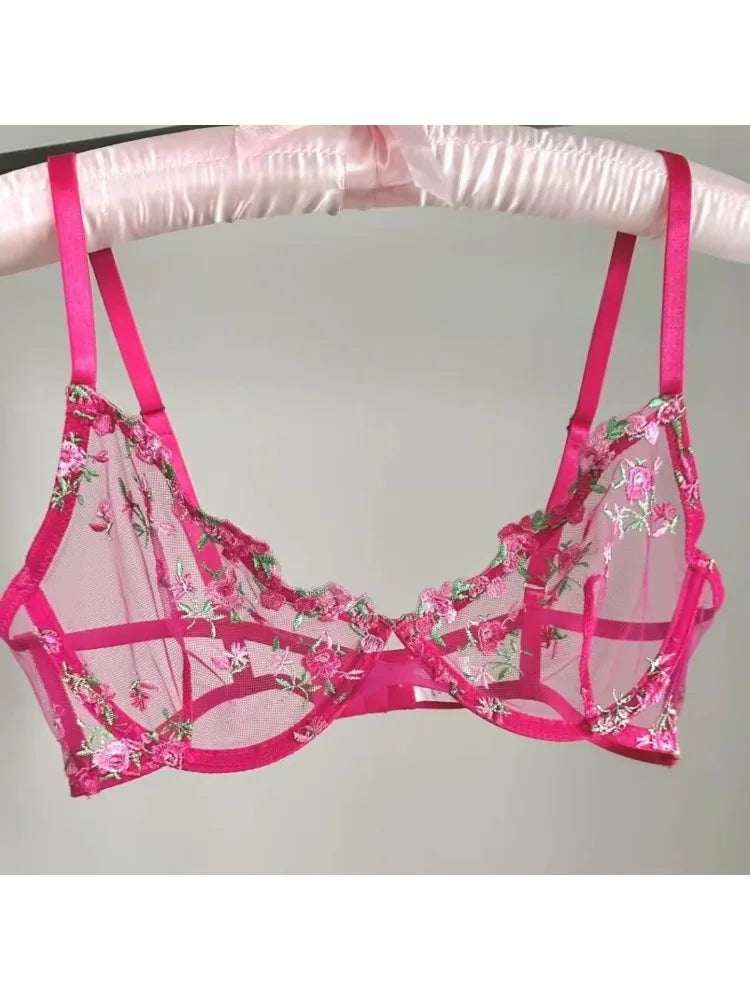 Sexy Lingerie Set - Pink French Lace Bra|G-stringFloral Embroidery Women's Underwear,Sweet Push Up Bra Set,Valentine's Day Gift