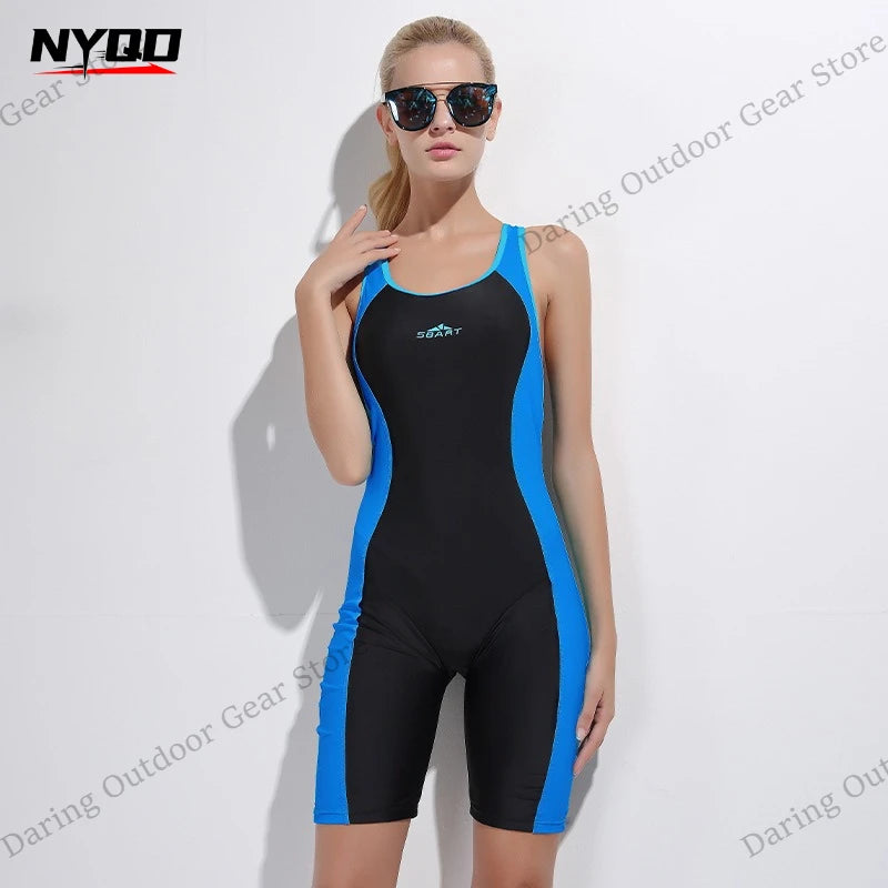 Women's One-Piece Racing Swimsuit, Athletic Quick-Dry Sleeveless Swimsuit with Shorts for Hot Spring & Diving
