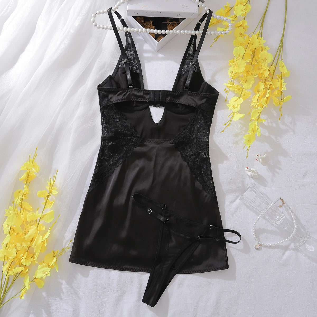Ellolace Sexy Deep-V Neck Satin Dress Sexy Lingerie Lace Patchwork Split Sissy Night Dress Women Slip Dress Silk Nightwear