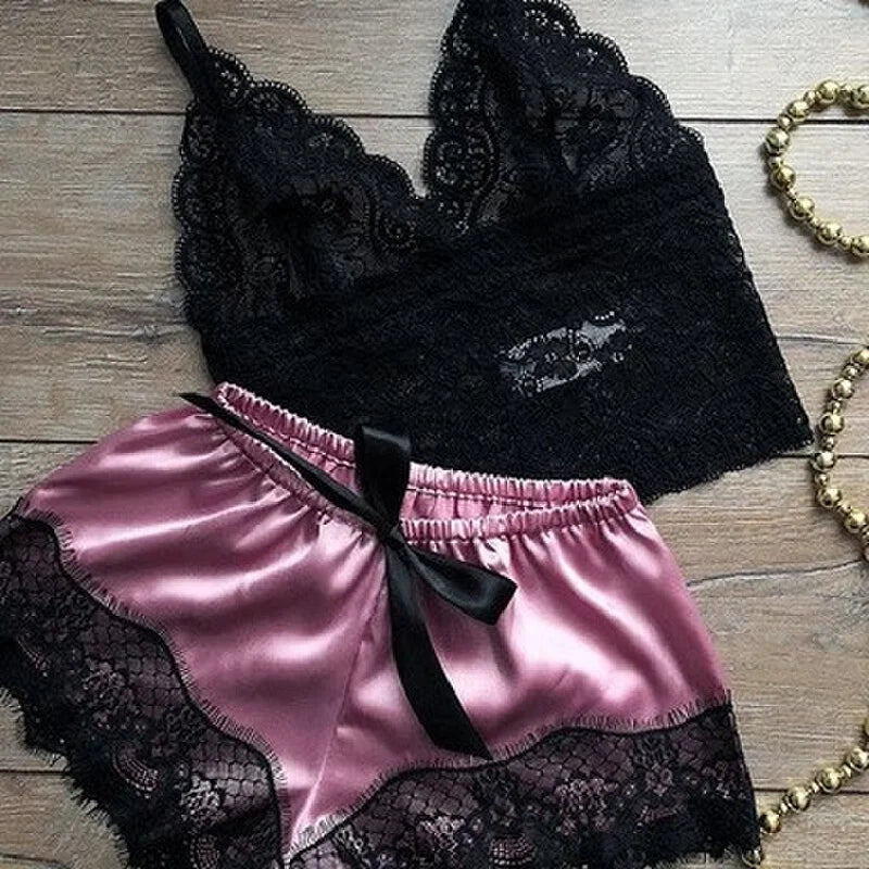 Mengya Women Lace Satin Two Piece Lingerie Set Spaghetti Strap Camisole Silky Lace Trim Shorts Nightwear European American Style