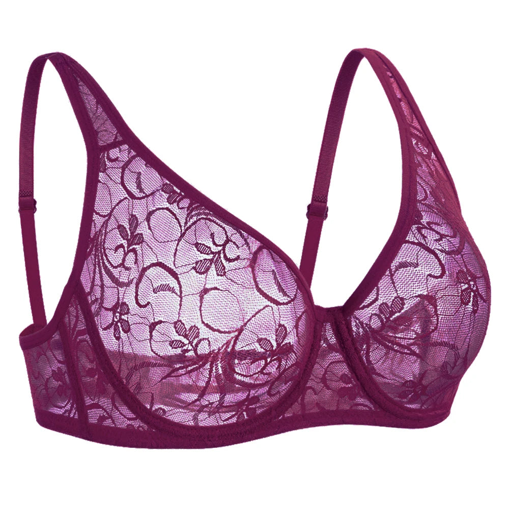 Sexy Women Embroidery Lace Sheer Bra Bralette Unpadded Lingerie Plus Size Plunge See Through Brassiere Bh 32-52 A B C D Cup