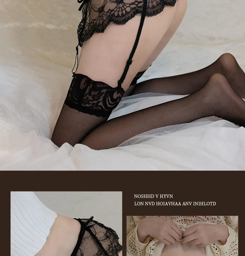 Sexy Lingerie Set with See-through Lace Garter Belt Stockings And Thong Underwear for Alluring Charm And Sensual Appeal