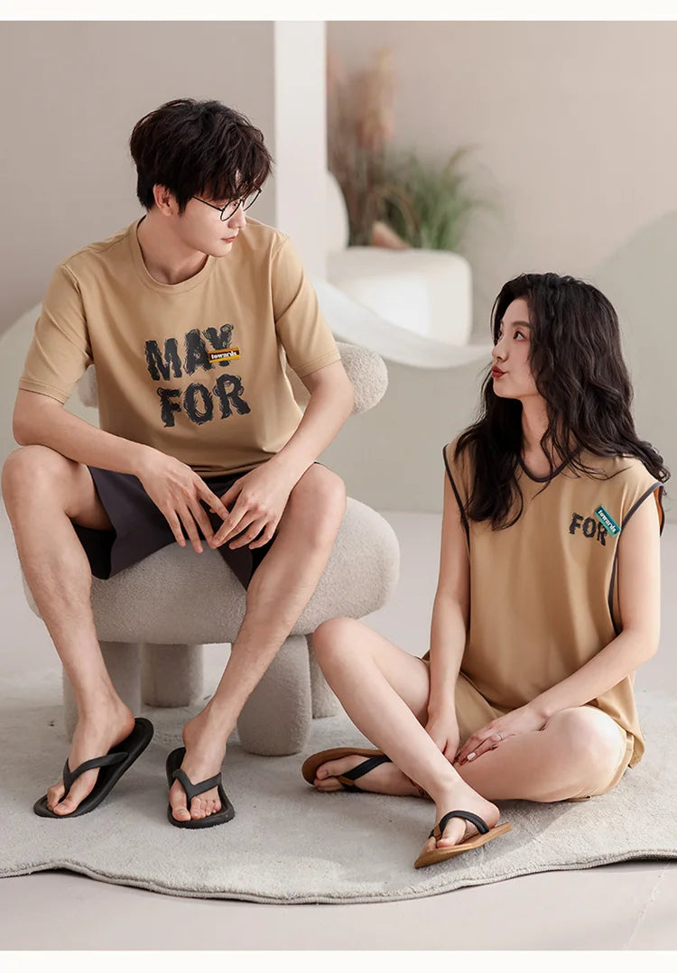 Couple Pajama Set Summer 100% Cotton Pyjamas Men and Women Sleeveless Pijamas