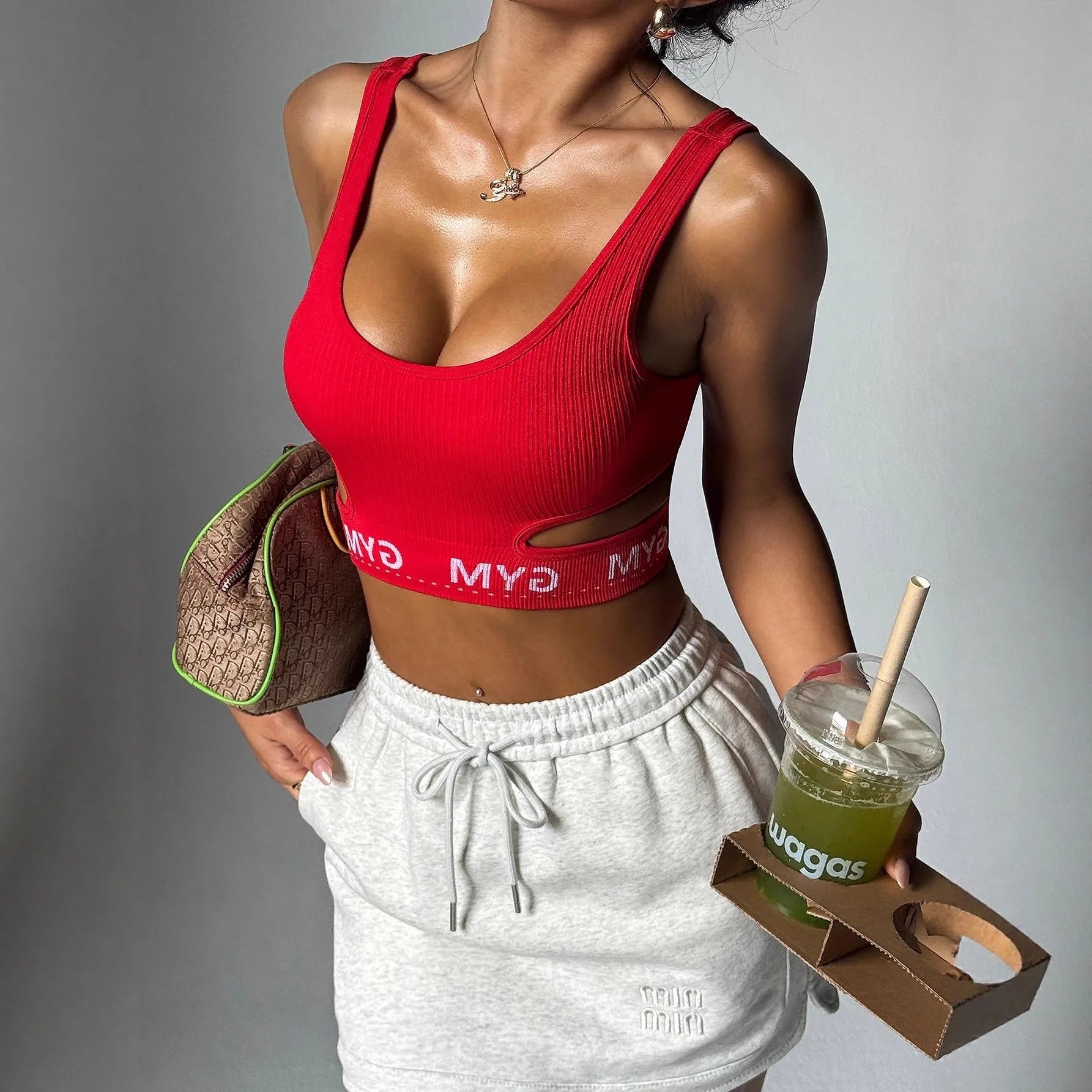 Sexy Red Ribbed Sports Bra for Women Breathable High Elasticity Seamless Deep U Neck Cut Out Yoga Bra Support Fitness Crop Top