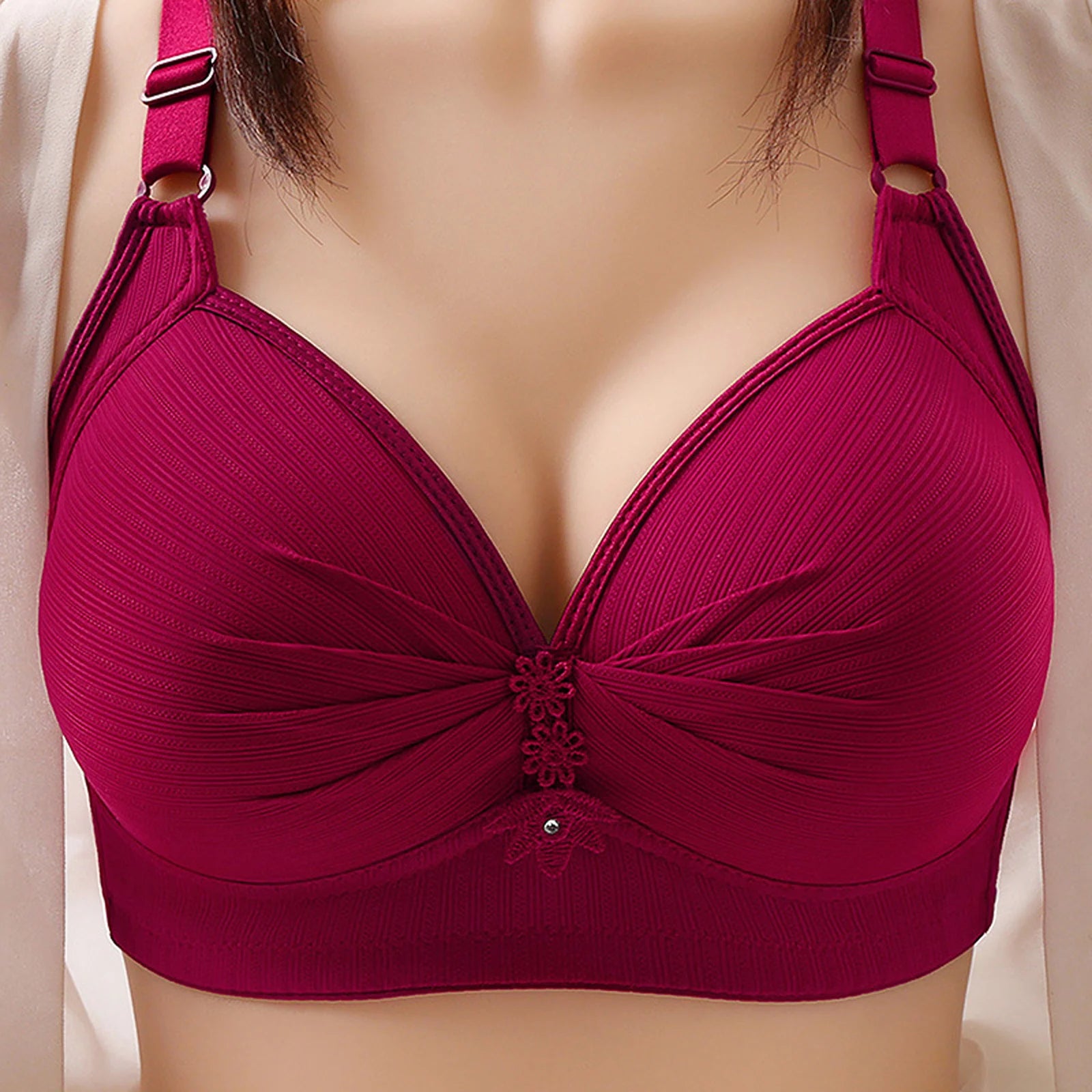 Elegant Skin Tone Textured Bra Chic Wireless Full Coverage Underwear Stylish Push Up Rhinestone Detail Lingerie Women