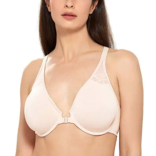 DELIMIRA Women's Front Closure Racerback Bras Plus Size Full Coverage Supportive Underwire Plunge Unlined Bra Underwear